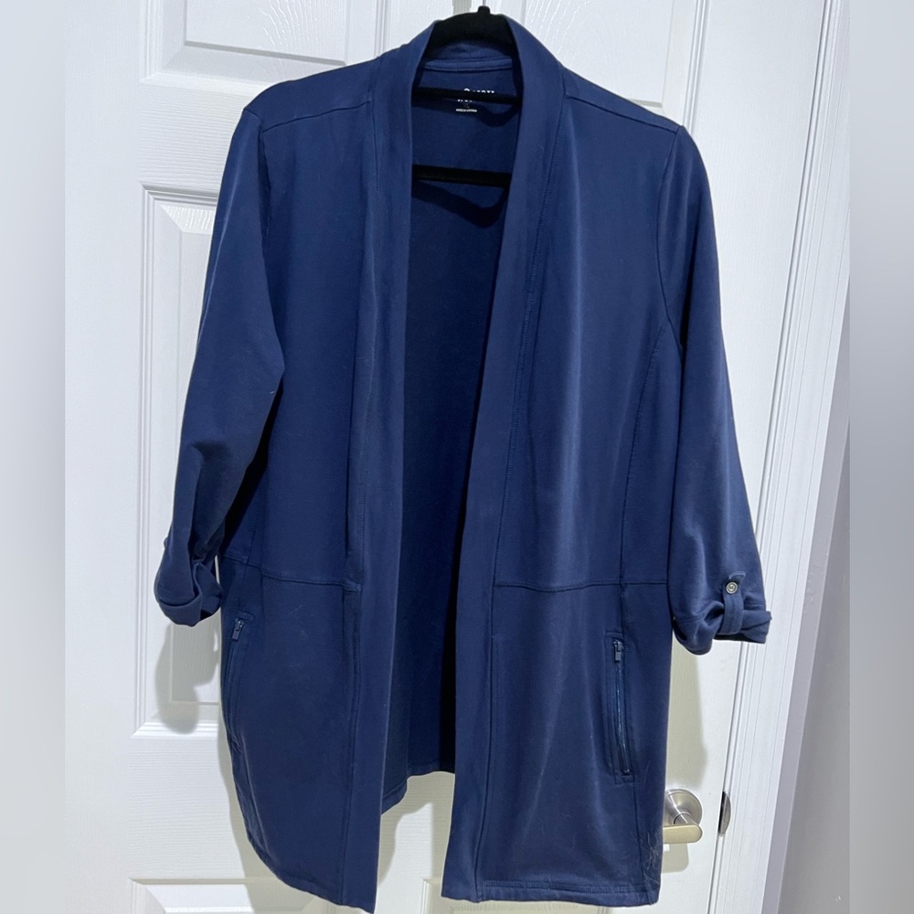 ☀️ Karen Scott Navy Open-Front Long Jacket with Zipper Pockets